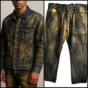 New Rare Rapper TI Akoo Y2K Gold Metallic and Black HipHop Streetwear Jeans 38